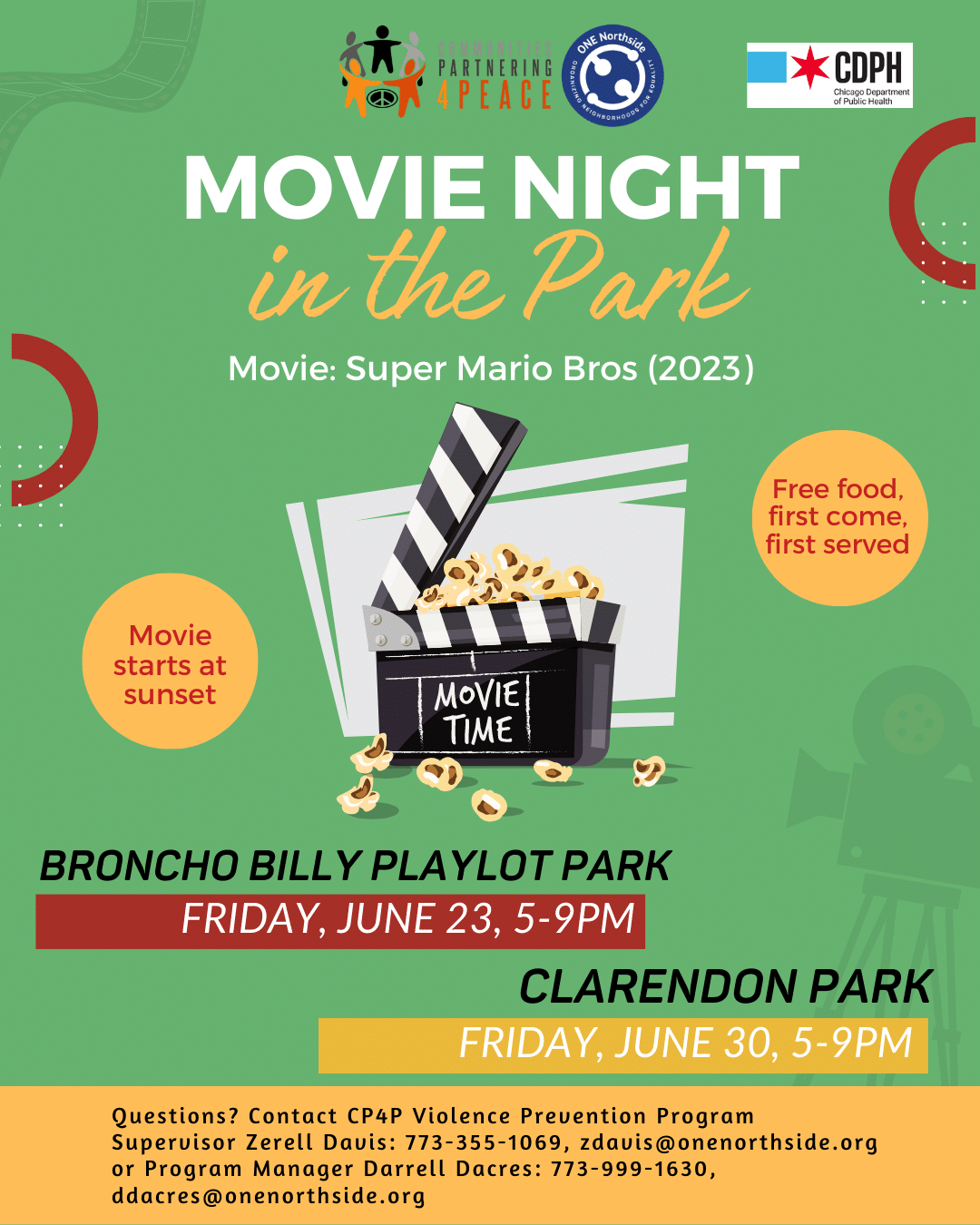 Movie Night June 23 Broncho Billy Billy Park, June 30 Clarendon park