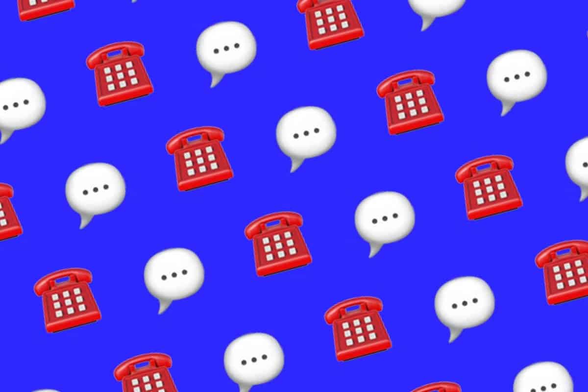Graphic with Blue Background, Red phones, and white speech bubbles