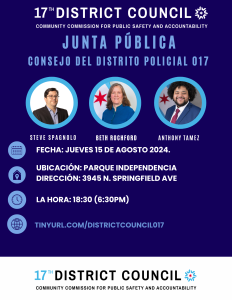 Spanish flyer for 17th District Council August Monthly Meeting