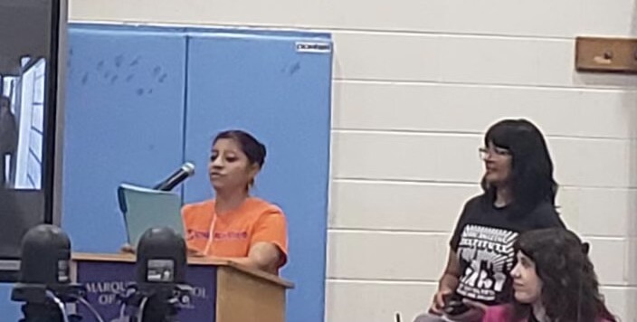 A One Northside leader speaks at the  CTU and CPS meeting