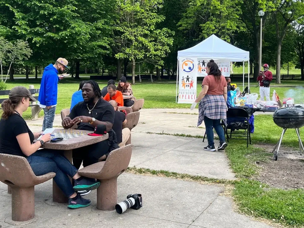 a group of people play chess in the park while others grill in the background