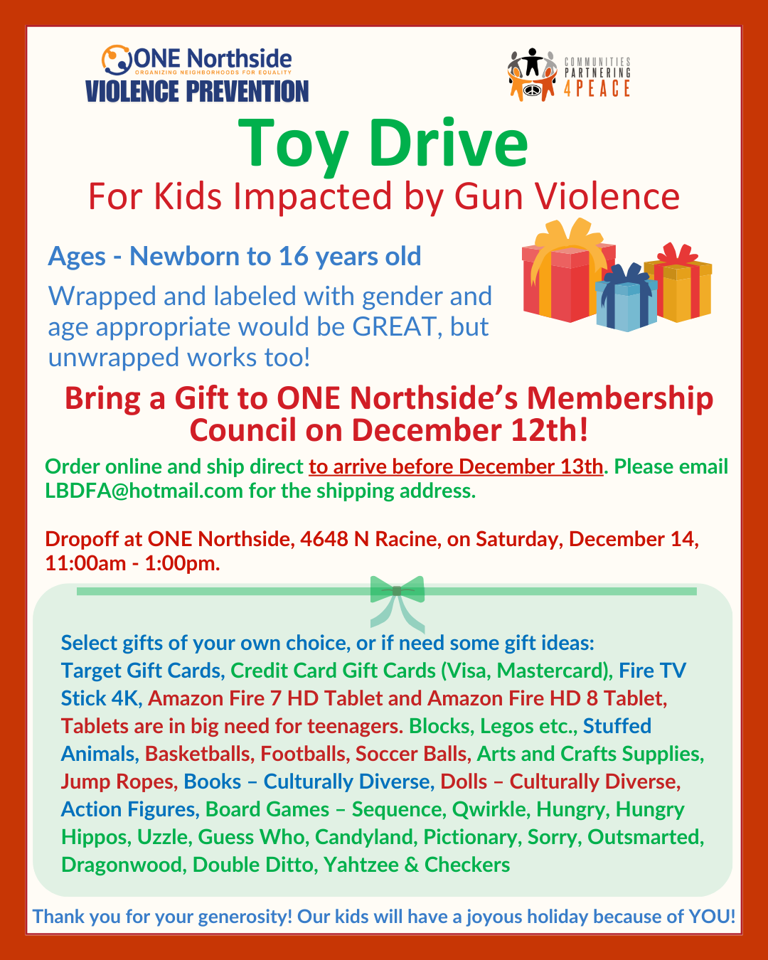 Toy Drive 2024 what to bring gift ideas drop off on december 14