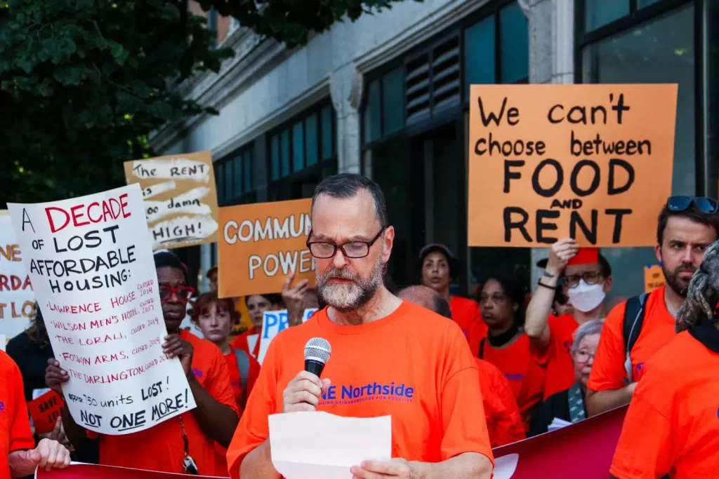 Tenant speaks at ONE Northside's rally for affordable housing